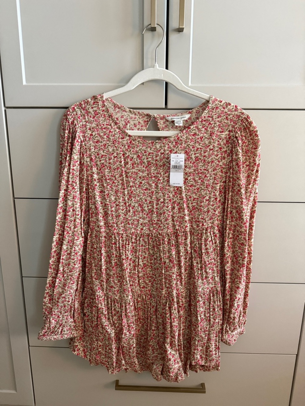 American Eagle Outfitters Pink Cream Floral Tiered Long-Sleeve Top